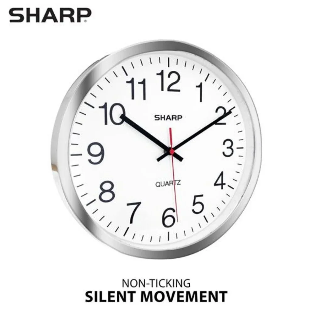 SHARP Wall Clock Silver/Chrome, Silent Non Ticking 10 Inch Quality Quartz